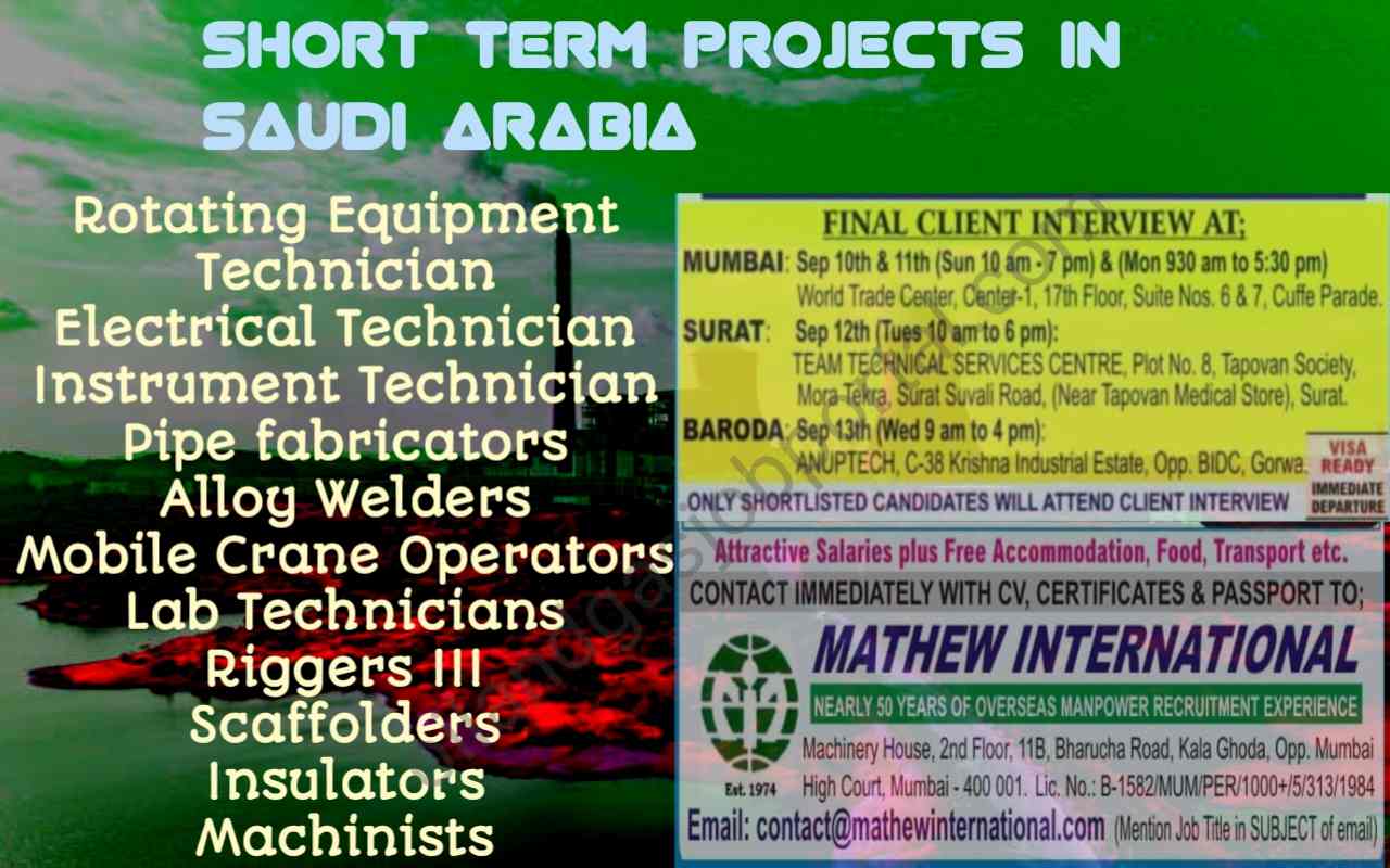 oil and gas/ Refinery/ power plant Urgently Required candidates Shutdown Projects 6-9 month in Saudi Arabia