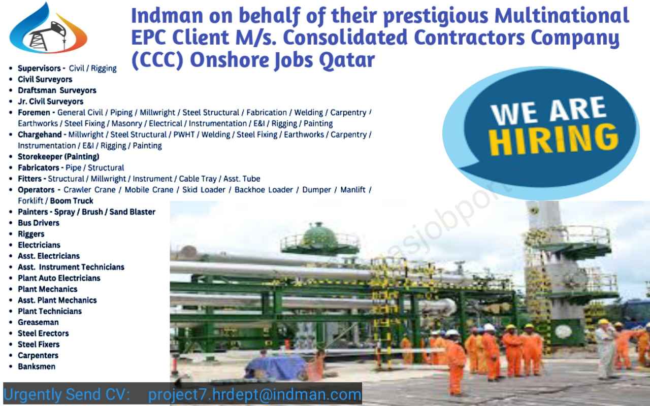 Indman on behalf of their prestigious Multinational EPC Client M/s. Consolidated Contractors Company (CCC) Onshore Jobs Qatar