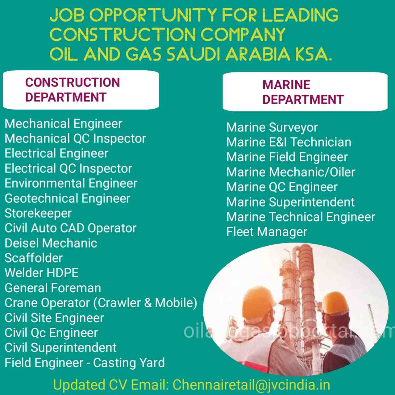Job Opportunity for Leading Construction Company Oil and Gas Saudi Arabia KSA.