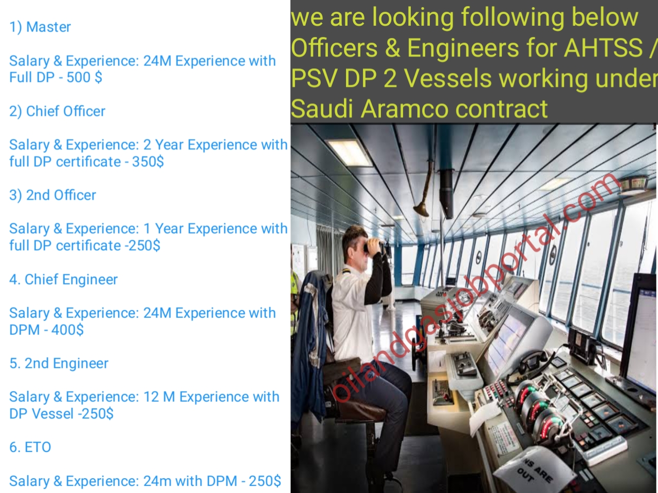 we are looking following below Officers & Engineers for AHTSS / PSV DP 2 Vessels working under Saudi Aramco contract