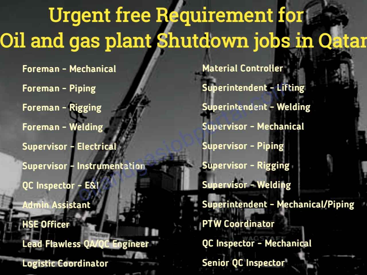 Urgent free Requirement for Oil and gas plant Shutdown jobs in Qatar